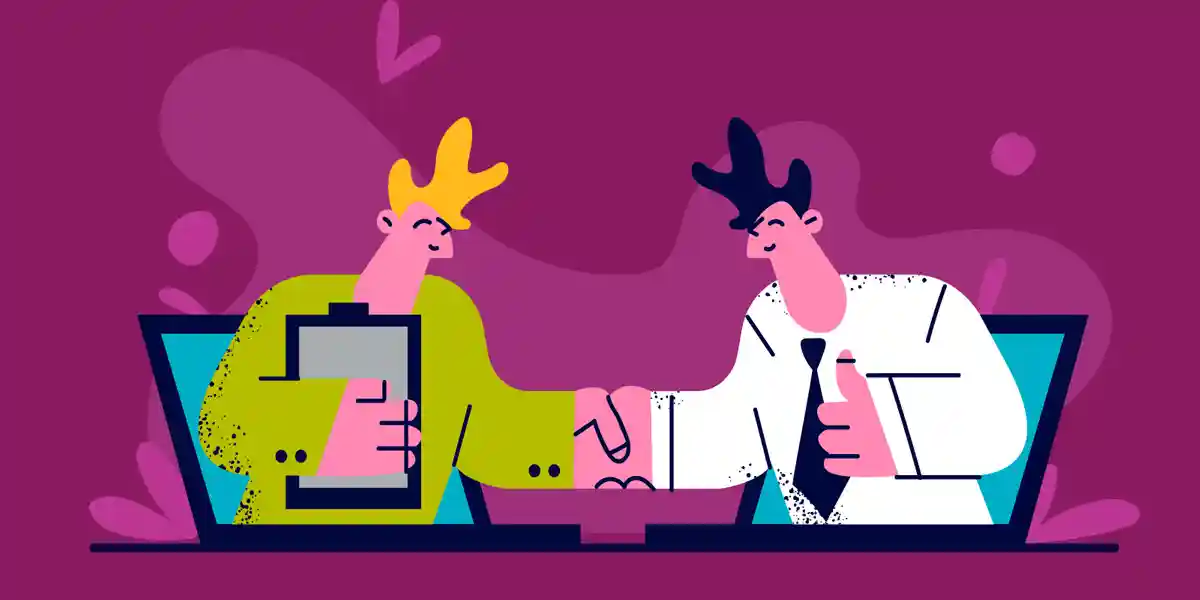 Illustration einer Führungskraft und eines Teammitglieds, die sich die Hände reichen, um zu zeigen In diesem Blogbeitrag geht es um den Zusammenhang zwischen guter Führung und Mitarbeiterbindung, einschließlich der Frage, wie man großartige Gespräche mit Teammitgliedern führt