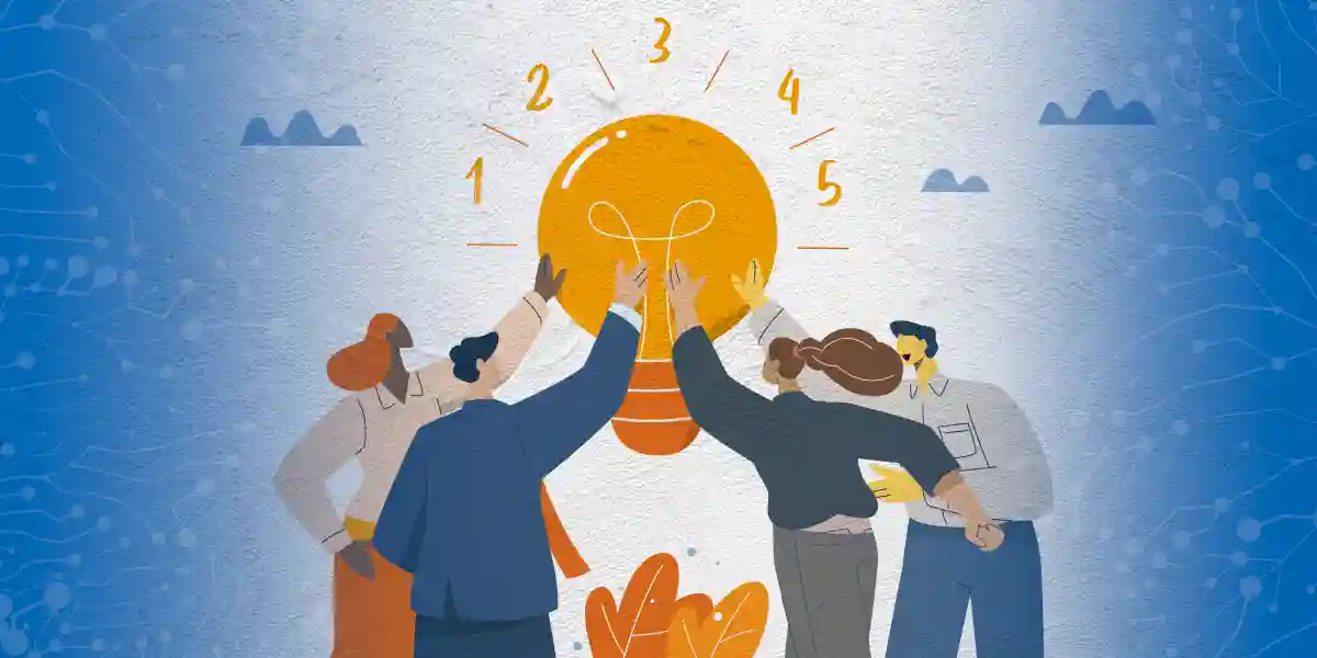 People are around a lightbulb with 5 numbers for the top 5