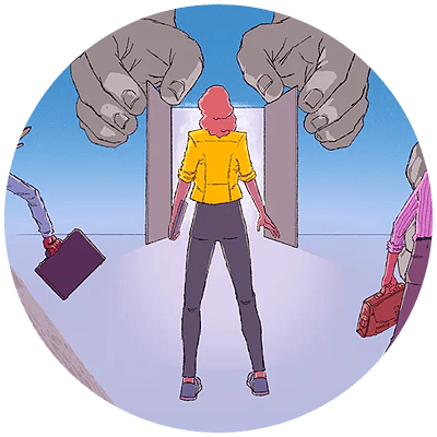 woman scared standing in front of open door as two big hands move toward her to symbolize one of the top leadership articles of 2023