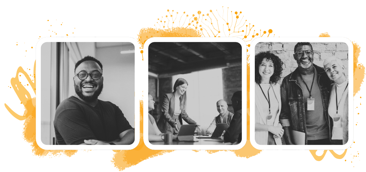 A set of photos shows people smiling during meetings and conversations at work.