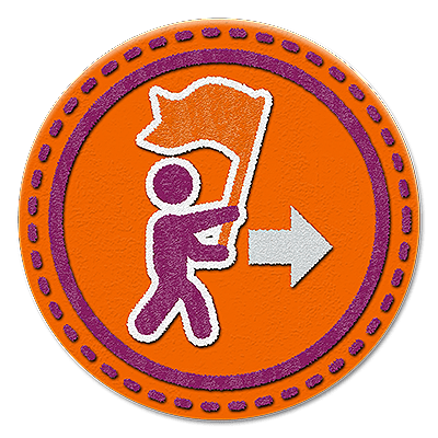 Badge d’exécution (personne tenant un drapeau à côté d’une flèche) pour représenter l’une des compétences de base en leadership