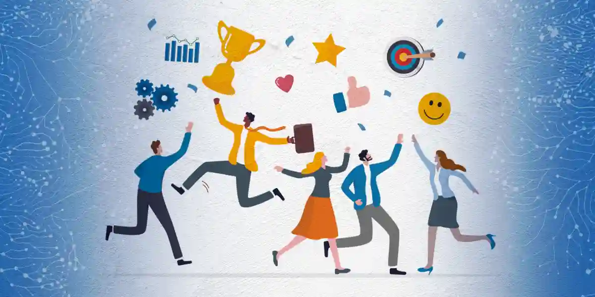 An illustration of happy employees being recognized for their work, surrounded by hearts, stars and a trophy.