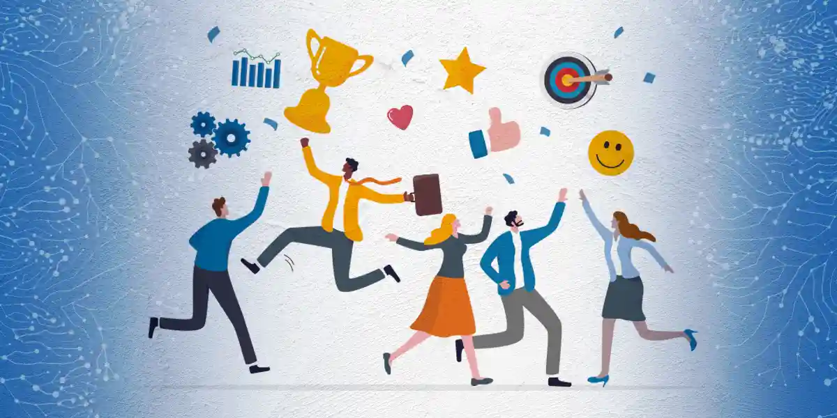 An illustration of happy employees being recognized for their work, surrounded by hearts, stars and a trophy.