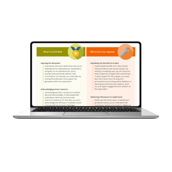 Laptop mit den Ergebnissen des DDI-Führungskräfte-Assessment​​​​​​​, das einer Führungskraft zeigt, was sie gut gemacht hat und wo sie sich verbessern kann