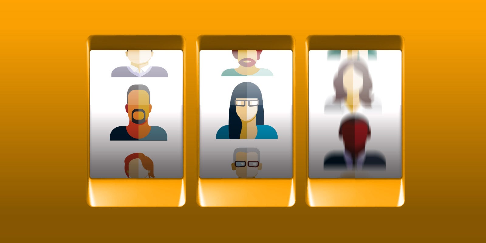 an animated slot machine zoomed in on animated people shown as the icons to symbolize leaving leadership training to chance