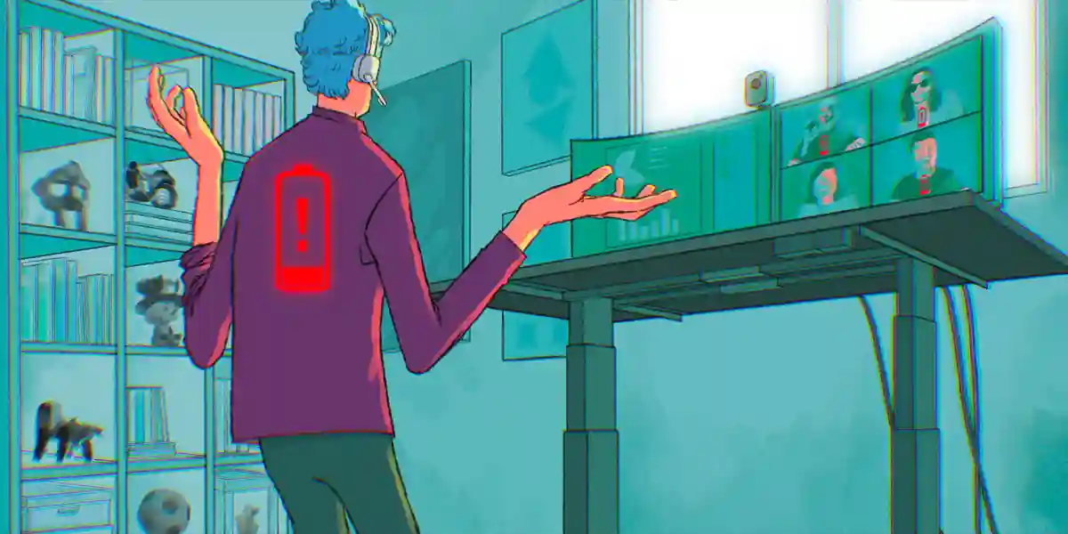 Illustration d’un homme portant un casque d’écoute et devant un écran où il anime une réunion virtuelle. Chaque membre de l’équipe montre des batteries internes qui s’amenuisent pour indiquer qu’il a besoin de stratégies pour prévenir l’épuisement professionnel.