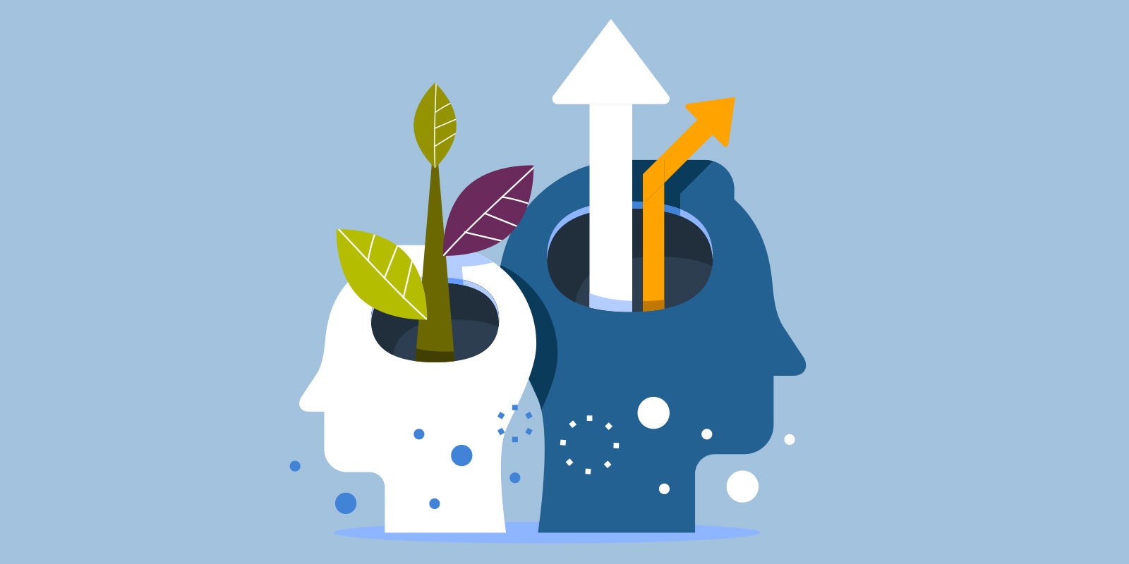 illustration of two side profiles of heads with holes in the center of the heads, arrows pointing up in one head, and a plant coming out of the other to show this blog is about understanding leadership competencies and how they differ from skills