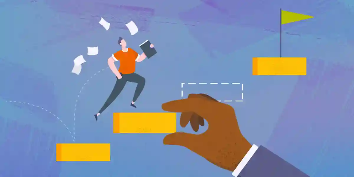 Illustration eines Geschäftsmannes, der auf Blöcke springt, die von einer riesigen Hand strategisch platziert wurden, um ihn zur grünen Flagge am Ende des Weges zu bringen, um zu zeigen, wie wichtig es ist, eine Coaching-Kultur zu schaffen, um heute im Geschäft erfolgreich zu sein