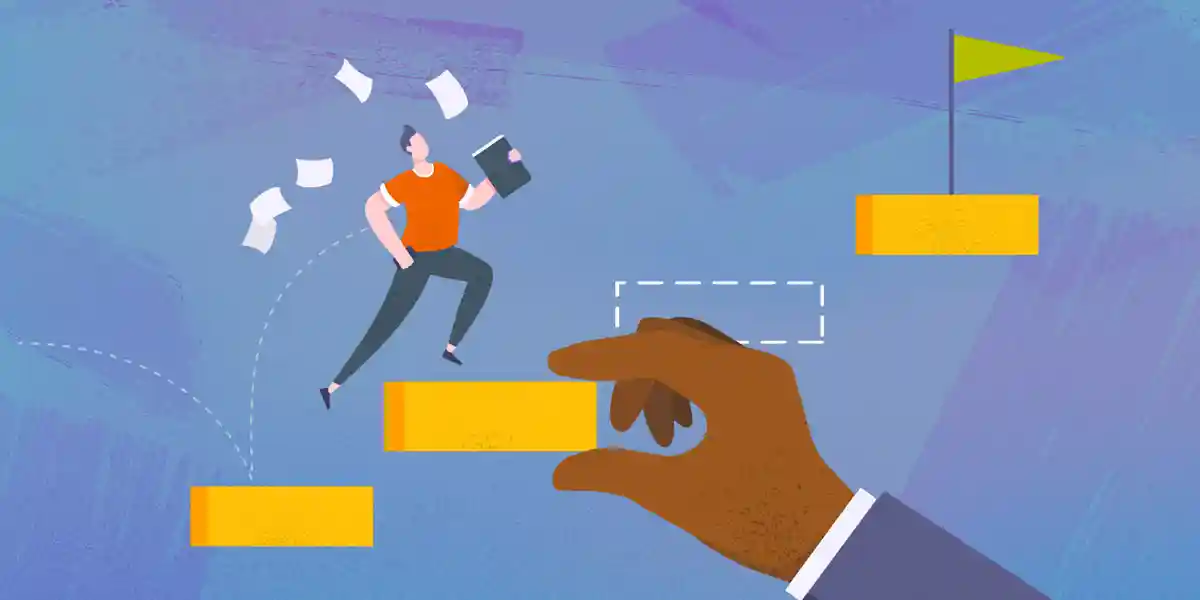 Illustration eines Geschäftsmannes, der auf Blöcke springt, die von einer riesigen Hand strategisch platziert wurden, um ihn zur grünen Flagge am Ende des Weges zu bringen, um zu zeigen, wie wichtig es ist, eine Coaching-Kultur zu schaffen, um heute im Geschäft erfolgreich zu sein