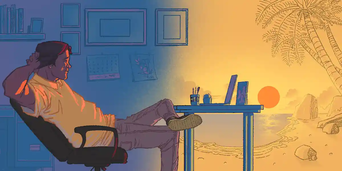 Ein Mann, der an einem Schreibtisch in seinem Heimbüro sitzt und aus dem Fenster eines tropischen Reiseziels mit Strand, Palmen und einem Sonnenuntergang starrt, um zu zeigen, dass dieser Blog die zehn wichtigsten Gründe nennt, warum Mitarbeiter in Unternehmen bleiben, und die Verhaltensweisen, die Führungskräfte benötigen, um sie zu halten