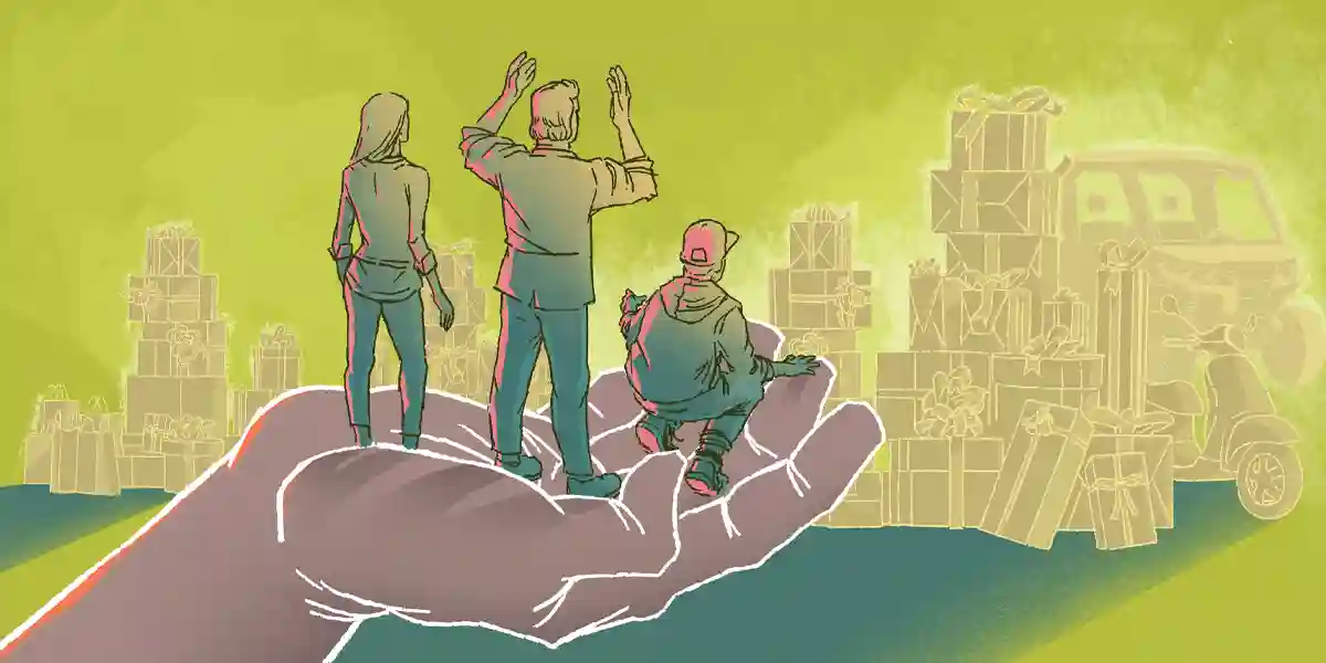 Une main géante tenant trois professionnels du monde des affaires regardant une pile géante de cadeaux apportés par un chariot élévateur pour montrer que les récompenses extrinsèques sont l’un des moyens de motiver les employés, et aussi comment motiver le personnel pour encourager le travail d’équipe