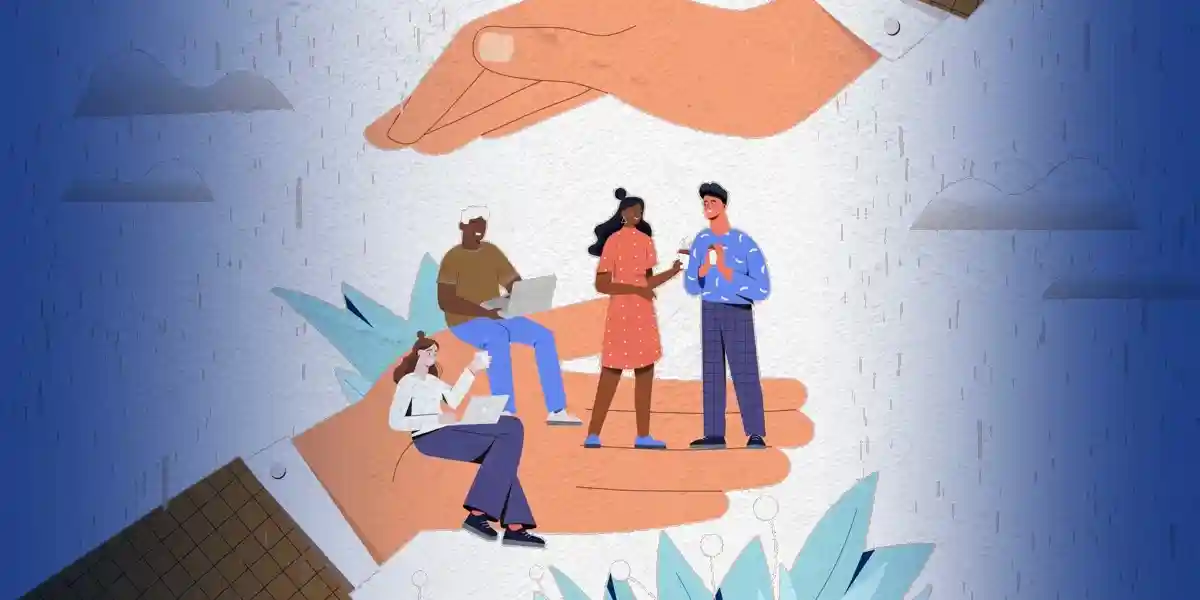 Illustration von großen Händen. Die eine hält die Mitarbeiter bei der Arbeit und Zusammenarbeit, die andere schützt sie vor dem Regen und zeigt, wie Führungskräfte durch ihr Handeln Vertrauen aufbauen