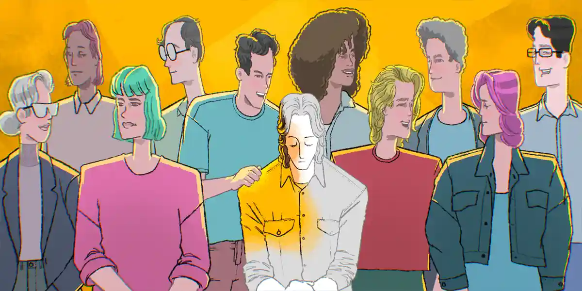 Eine Gruppe von unterschiedlichen Mitarbeitern mit einer Person in der Mitte, die ausgebrannt aussieht, aber ein Mitarbeiter versucht, die ausgebrannte Person zu motivieren, um zu zeigen, dass Führungskräfte die Burnout-Kultur eines Unternehmens positiv beeinflussen können, indem sie den Stress am Arbeitsplatz für die Mitarbeiter mit diesen 10 Möglichkeiten verbessern