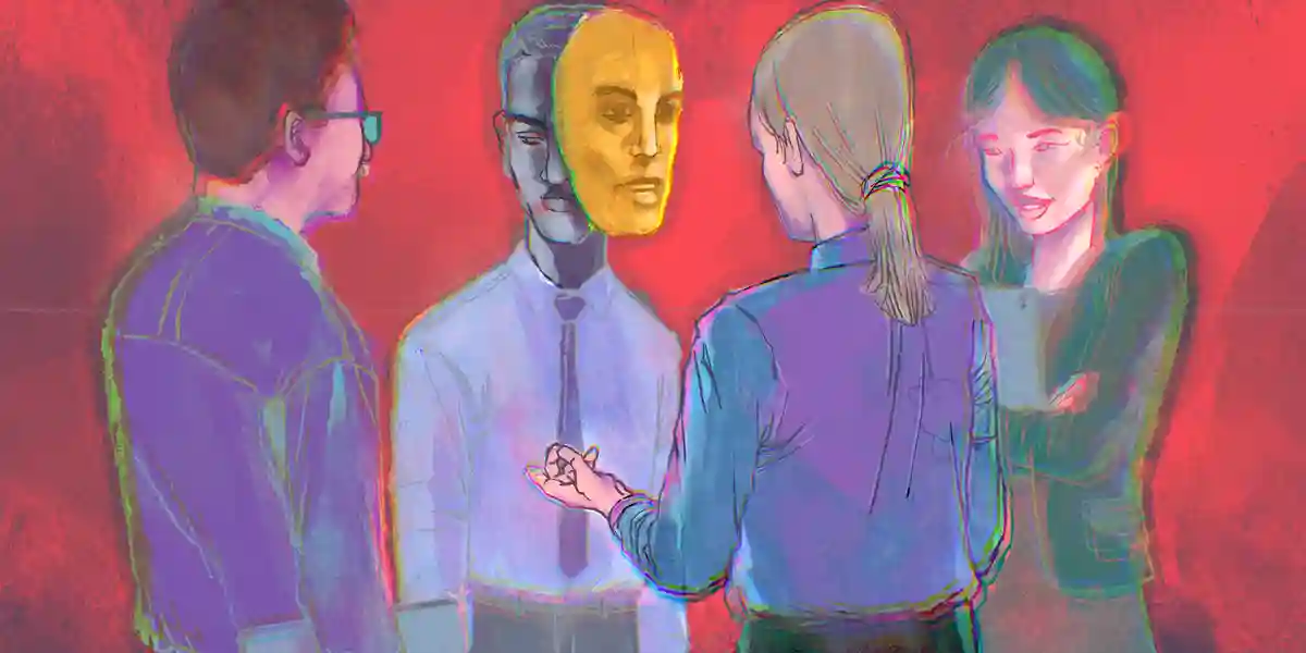 Illustration de professionnels du monde des affaires parlant dans un groupe, avec l’un des professionnels qui a l’air triste, mais couvert d’un masque facial à l’air heureux/satisfait, pour montrer ce blog donne des conseils aux leaders pour lutter contre la démission silencieuse dans leurs organisations