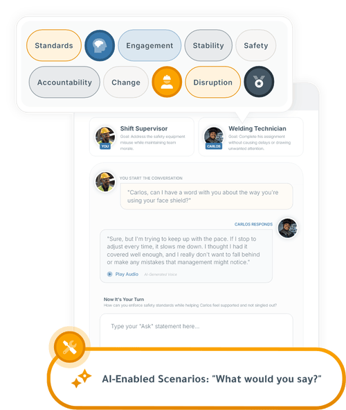 AI‑enabled manufacturing leadership training interface with a safety coaching scenario, interactive supervisor dialogue, and standards‑based decision prompts.