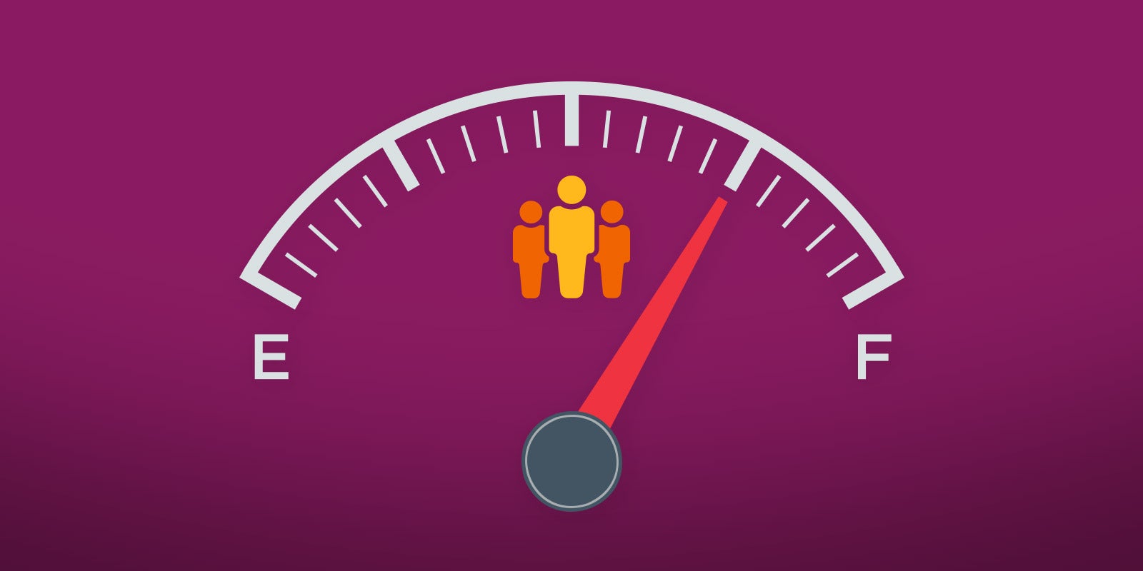 cartoon speedometer with empty on one side and full on the other, with cartoon leaders in the middle showing that following diversity and inclusion best practices will take your program from empty to full