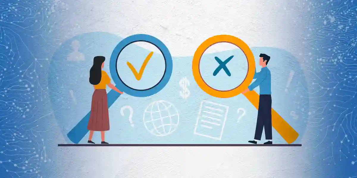 Two people holding magnifying glasses. One has a check mark icon and the other has an "X" to show what is true from what is a myth.