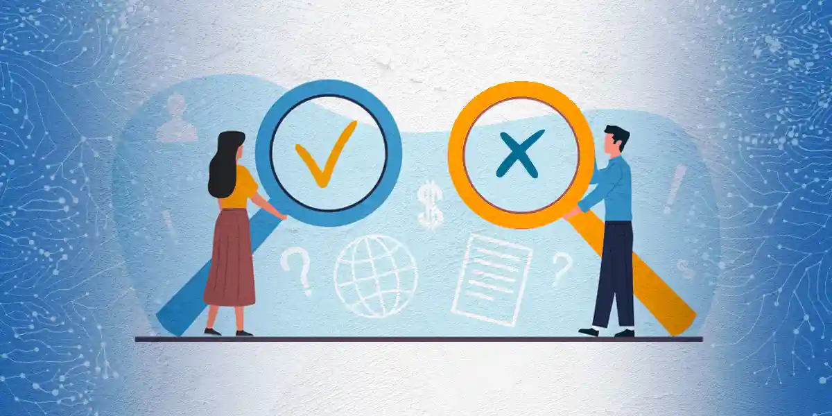Two people holding magnifying glasses. One has a check mark icon and the other has an "X" to show what is true from what is a myth.