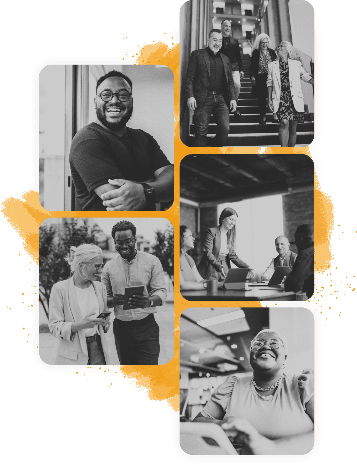 Filmstrip of leaders collaborating and smiling in various professional environments, representing DDI’s global leadership development and consulting work.