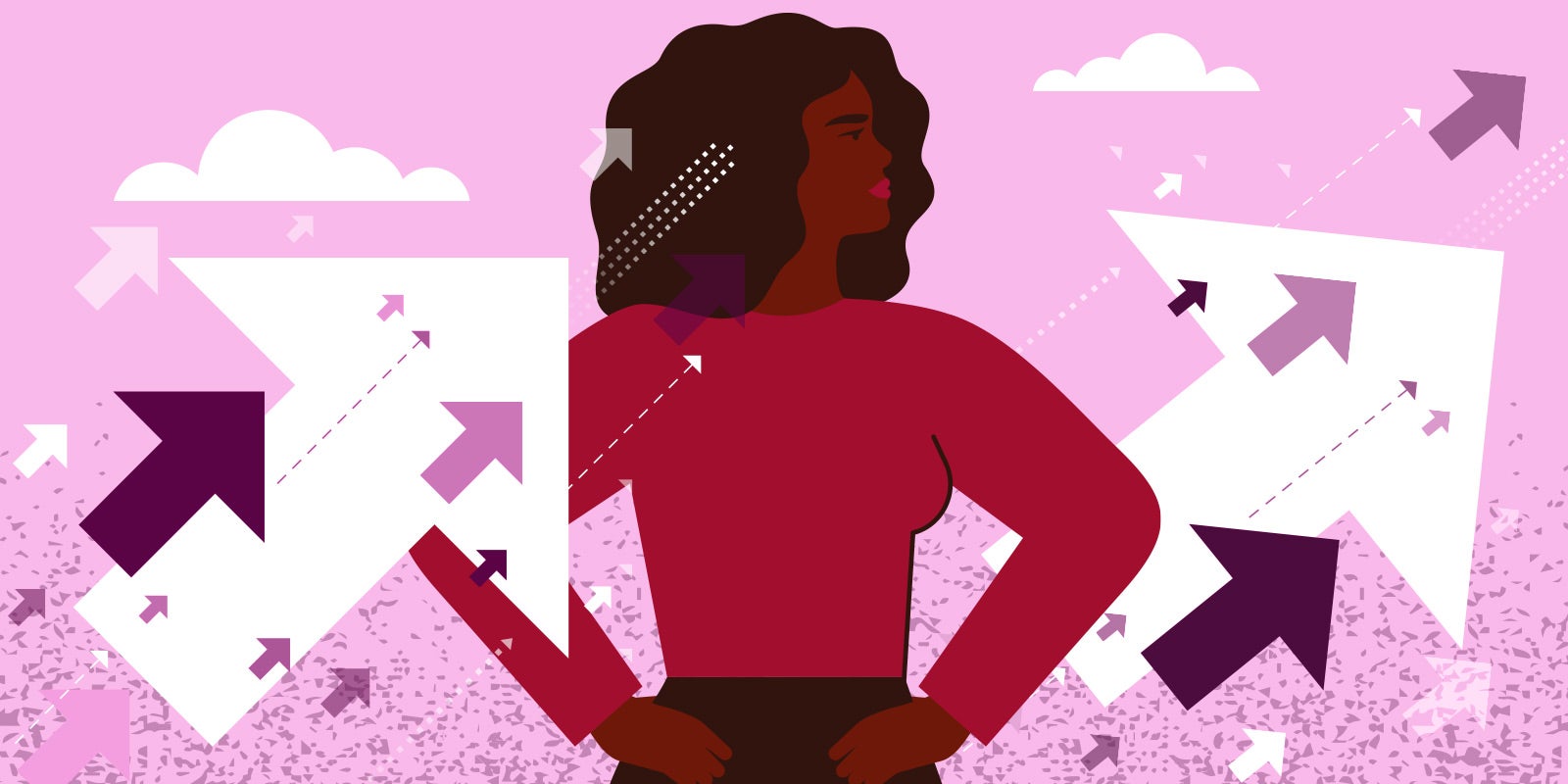 illustration of a diverse woman leader who is a candidate in the young executives competition with her hands on her hips and arrows in the background pointing upward to show she is growing in her career