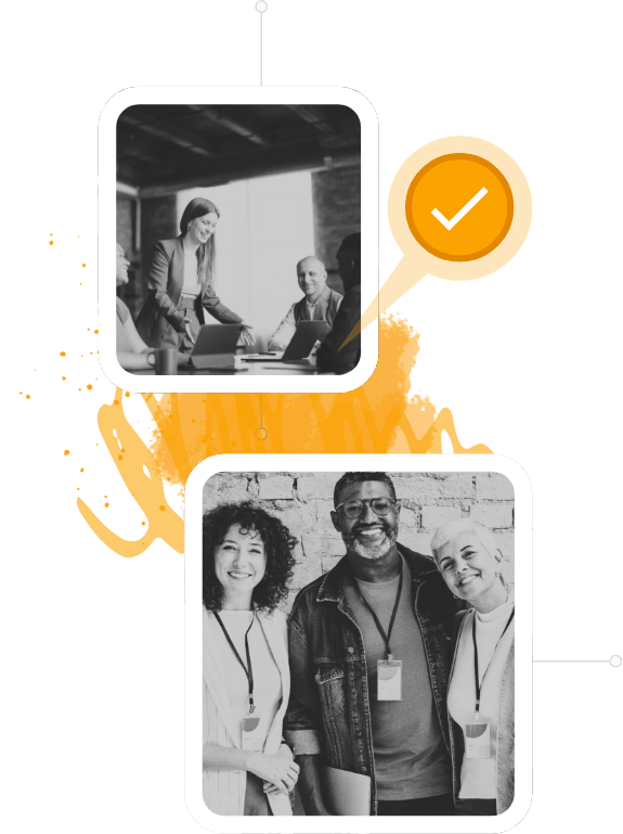 Group of employees seated at a conference table while one person stands and leads a discussion, and three employees standing side by side and smiling.