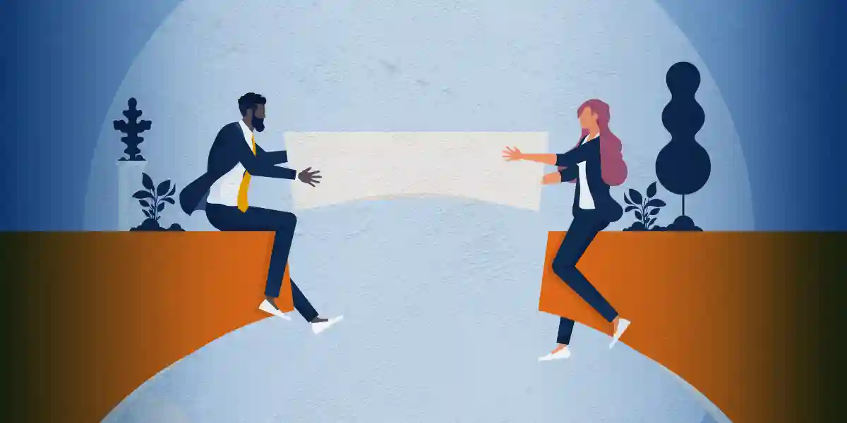 Illustration von zwei Mitarbeitern, die auf gegenüberliegenden Seiten einer kaputten Brücke sitzen. Gemeinsam halten sie das fehlende Stück über die Mitte und sind dabei, es zu platzieren, um zu zeigen, wie Best Practices für die Nachfolgeplanung die Lücke in der Bereitschaft von Führungskräften für zukünftige Rollen schließen.