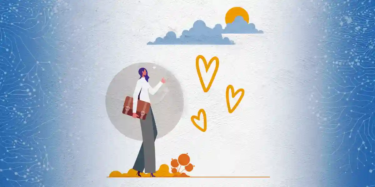 A woman with a briefcase walking outside with hearts next to her.