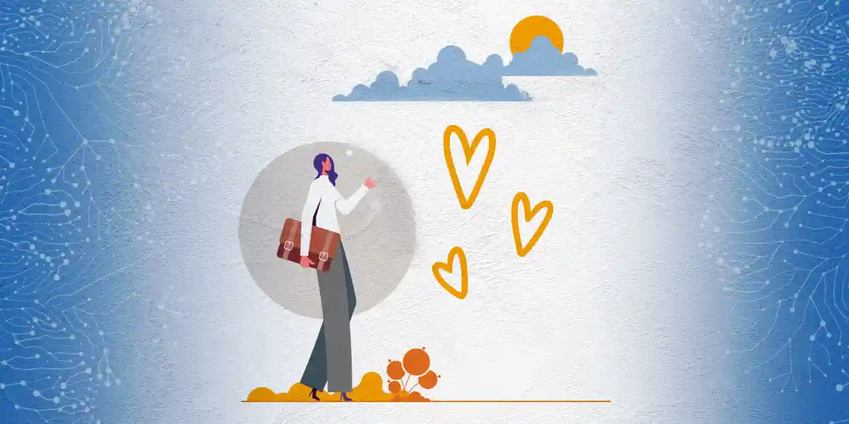 A woman with a briefcase walking outside with hearts next to her.