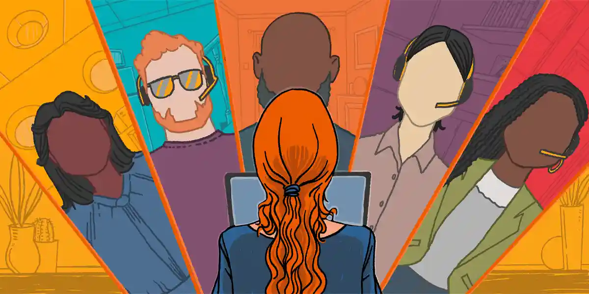 Illustration d’un chef d’équipe dirigeant une réunion d’équipe sur son ordinateur avec ses cinq membres d’équipe différents montrés en arrière-plan pour montrer Ce blog traite des principaux facteurs que les chefs d’équipe doivent prendre en compte pour l’efficacité de l’équipe et les six clés d’un travail d’équipe réussi et d’une gestion d’équipe efficace