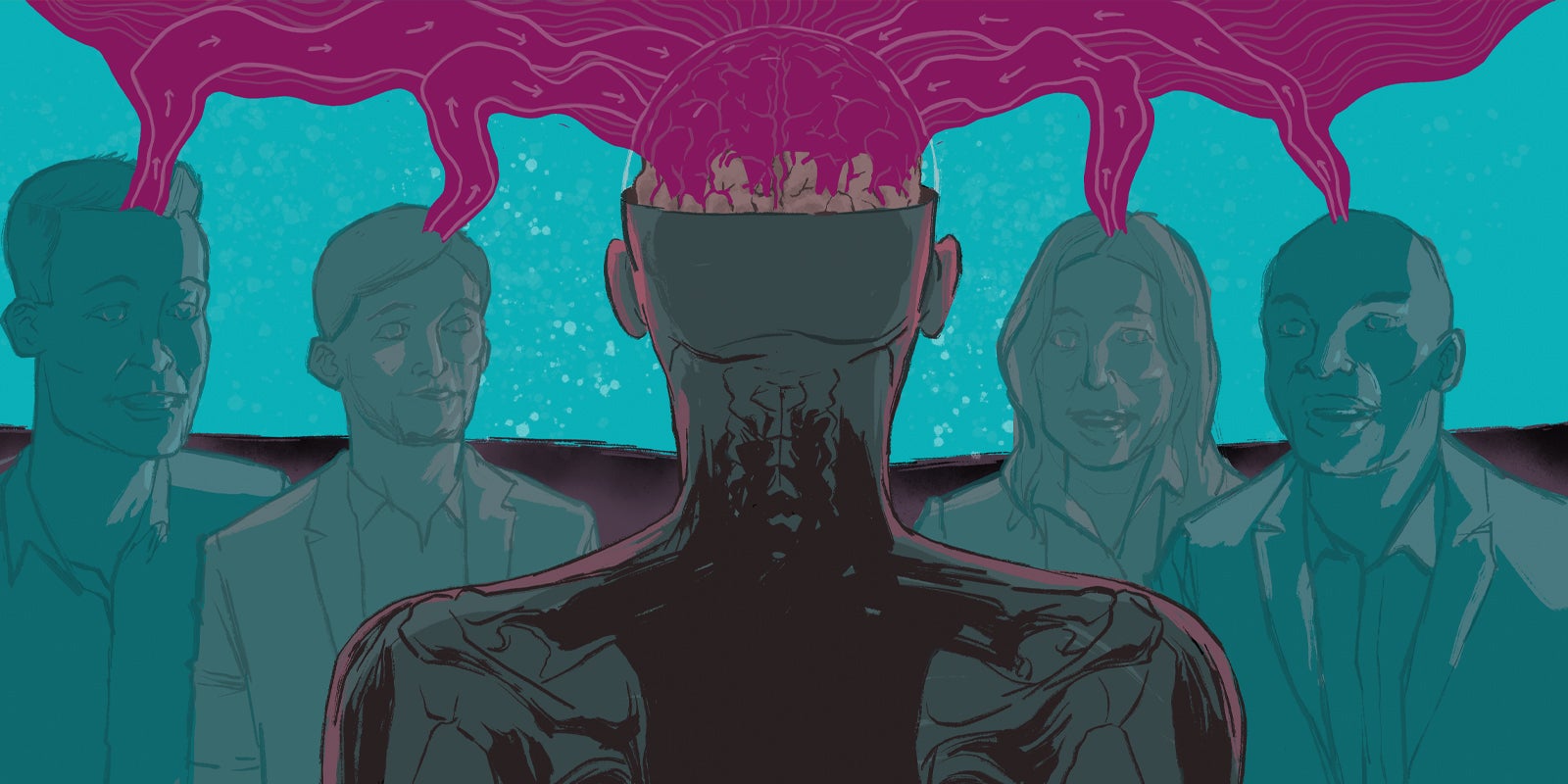 outline of person being interviewed with an open brain surrounded by business professionals who are interviewing them with thought bubbles coming out of their heads that are connected to the person's open brain to show this blog is about behavioral based interview tips, including why behavioral interviewing so beneficial to organizations