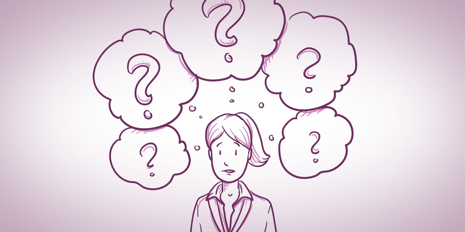 illustration of a first-time woman leader with thought bubbles surrounding her head that include question marks to show this blog is giving first-time manager advice 