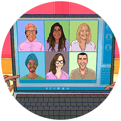 laptop video call with six smiling employees to symbolize one of the top leadership articles of 2023