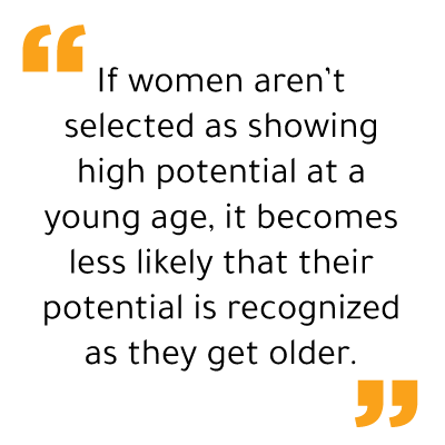 quote to support challenges brought on by women executives and the age gap: "If women aren’t selected as showing high potential at a young age, it becomes less likely that their potential is recognized as they get older. "