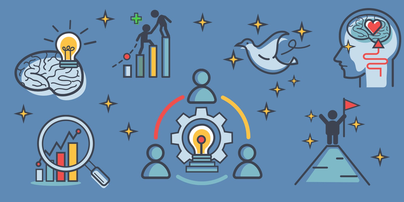 illustrations for each of the types of coaching in the workplace discussed in this blog, for example, a dove for humanist employee coaching and a person on top of a mountain with their hands up for goal-oriented coaching