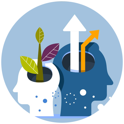 icons of heads with plants coming out of one and arrows coming out of the other head