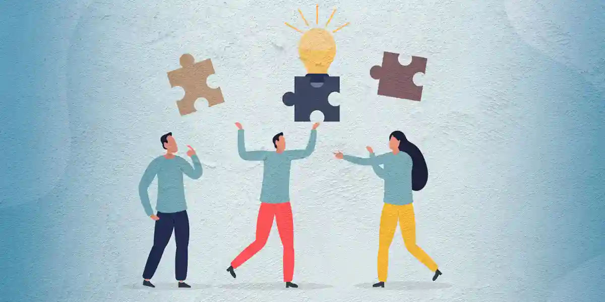 Illustration de trois animateurs de leadership, tenant des pièces de puzzle multicolores.