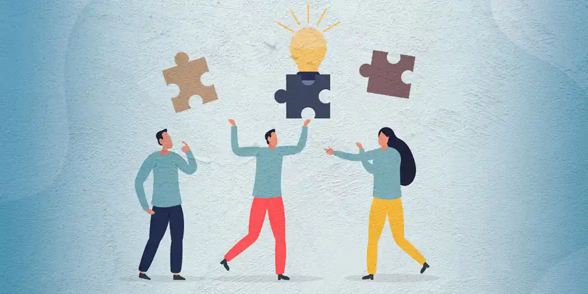 Illustration de trois animateurs de leadership, tenant des pièces de puzzle multicolores.