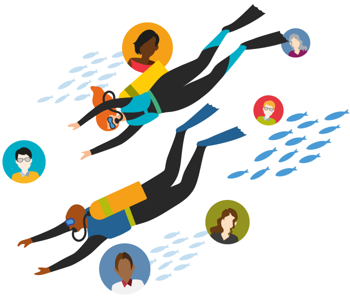 animated scuba divers diving to find the right leaders shown as animated diverse heads?auto=format&q=75