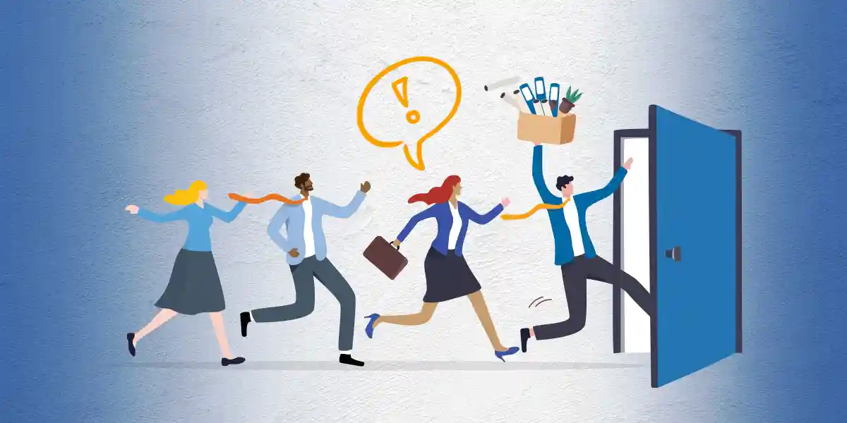 Four employees hastily running out the door with briefcases and a box of desk items in hand to indicate why good employees are leaving and how to implement employee retention strategies.