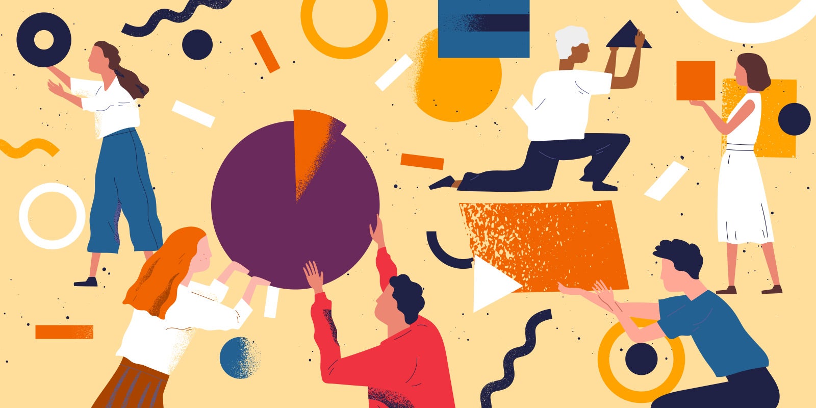 illustration of people doing various things to bring about improvement, for example looking at data in a pie chart to show that this blog is about how to create high-performing executive leadership teams