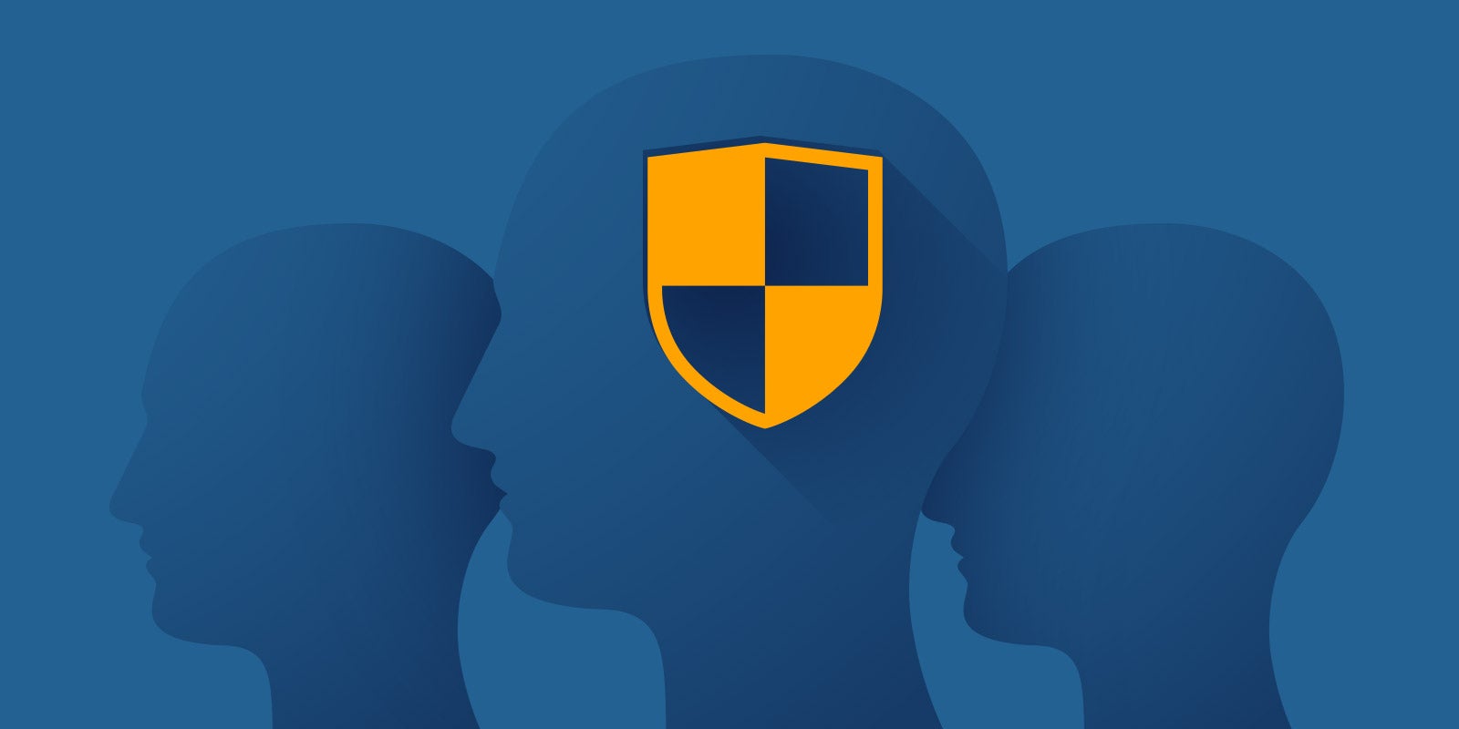 Shadow of the profile of three people's heads with a shield over brain area to represent psychological safety at work