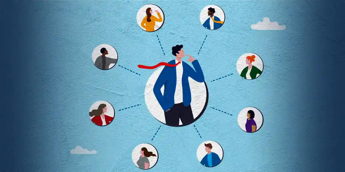 Illustration d’un leader qui réfléchit à la façon d’utiliser le feedback à 360 degrés, entouré de collègues, de gestionnaires et de membres de l’équipe qui les ont examinés lors de l’évaluation