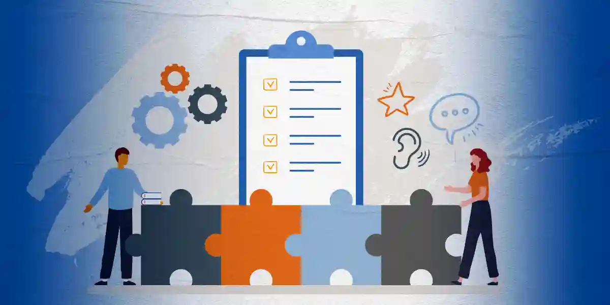 illustration of leaders standing next to connected puzzle pieces and a clipboard with a list. icons of gears, a star, a speech bubble, and an ear represent the leadership qualities managers can develop to drive performance and inspire teams