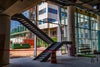 Inside of new Baptist Hospital looking out with metal stairway.