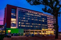 Night time exterior of new campus.