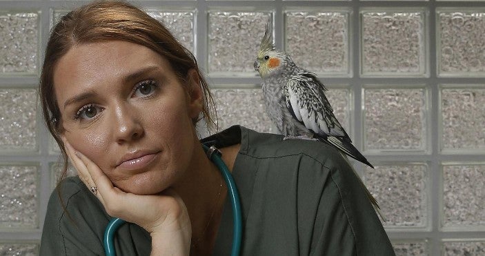 Vet with bird on her shoulder