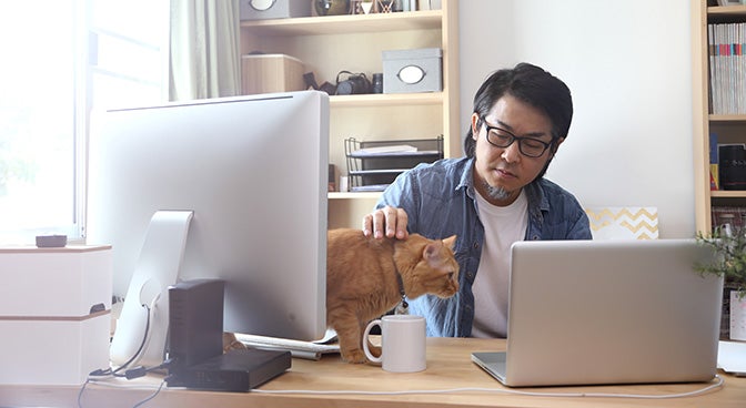 a man sat at a desk whilst stroking his cat on the desk