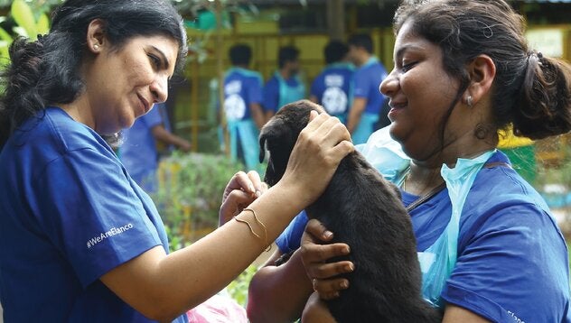 one person holding a puppy while the other pets it