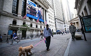 a man walking a dog in a city with people walking past