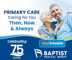 Small ad showing eldering couple smiling with blue sky in background. Ad text says Primary Care, caring for you then, now and always.